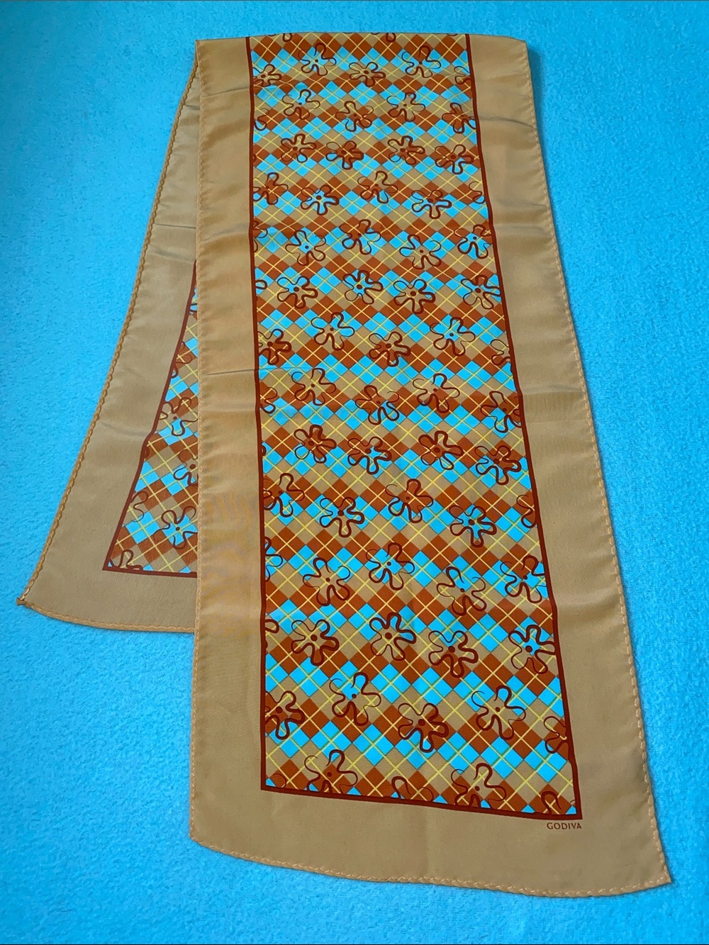 GODIVA CHOCOLATIER vintage gold turquoise tan burnt orange scarf size 10” X 42”
